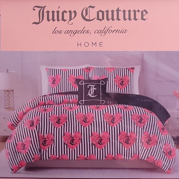 Juicy Couture Heart Roses JC Monogram Black White Stripes Queen 4 Pc Bed Set NIP - Picture 1 of 7